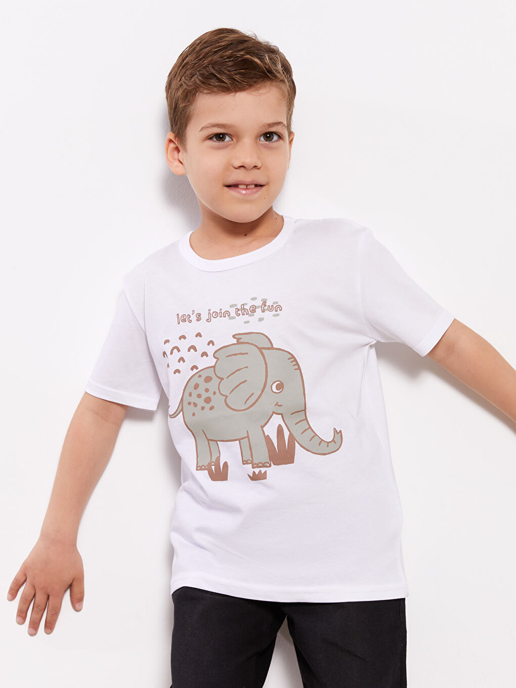 Beyaz Bisiklet Yaka Baskılı Kısa Kollu Erkek Çocuk Tişört-1