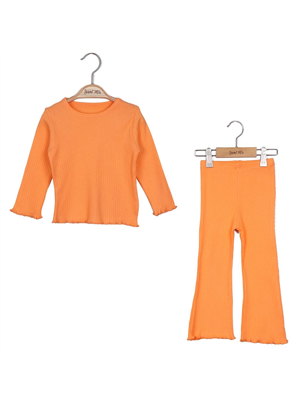Turuncu Bisiklet Yaka Basic Uzun Kollu Kız Çocuk Tişört ve Pantolon
