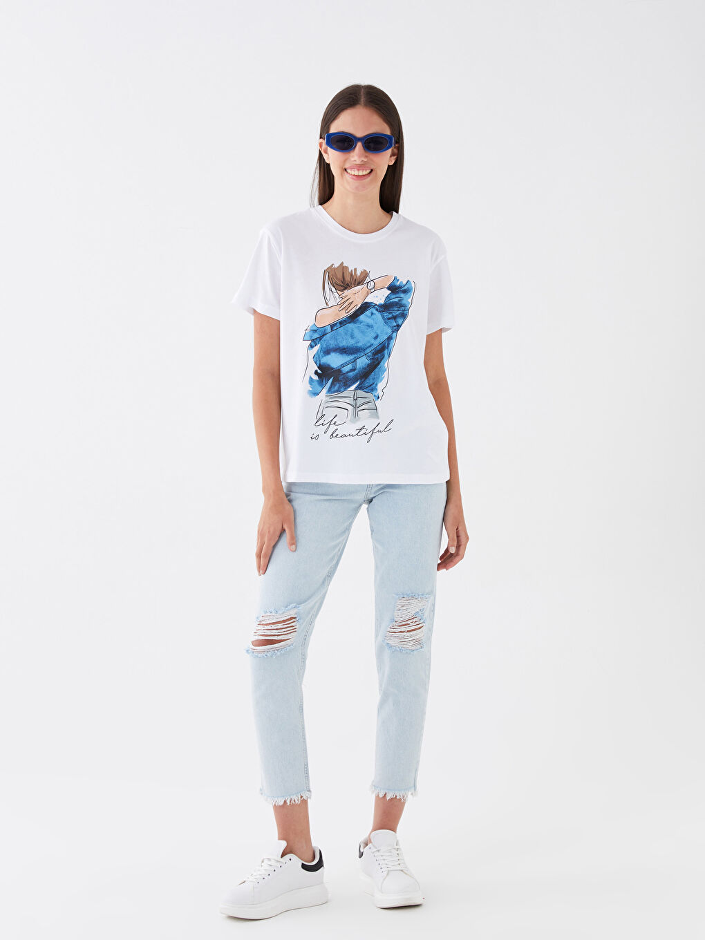 Beyaz Bisiklet Yaka Baskılı Kısa Kollu Kadın Tişört-2