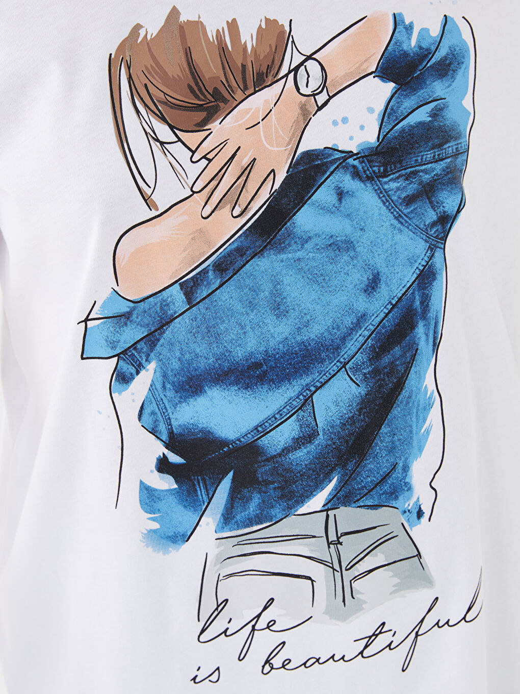 Beyaz Bisiklet Yaka Baskılı Kısa Kollu Kadın Tişört-3