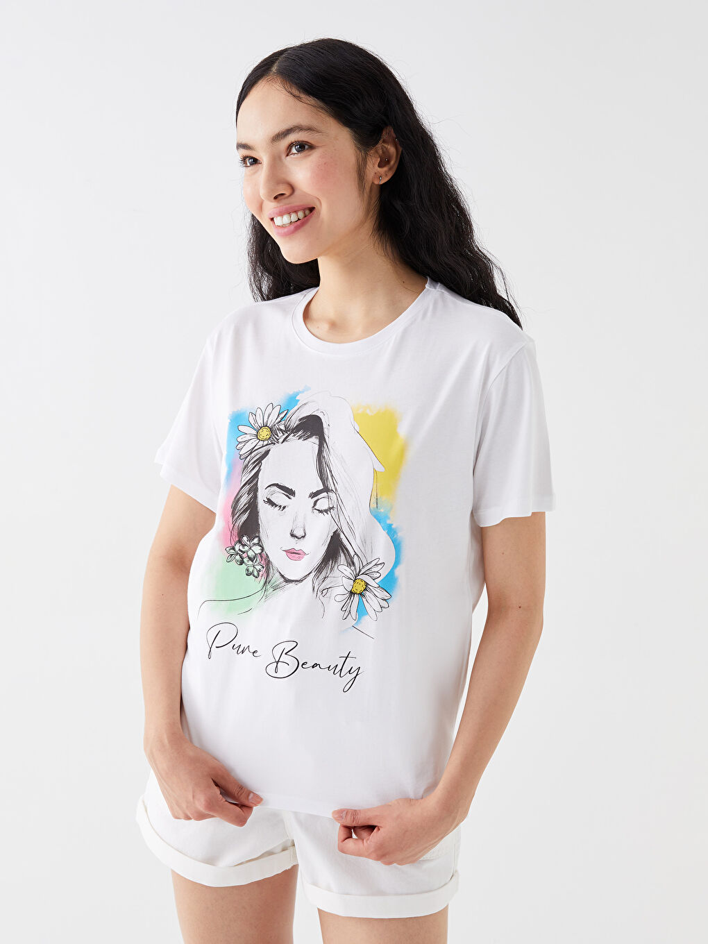 Beyaz Bisiklet Yaka Baskılı Kısa Kollu Kadın Tişört-1