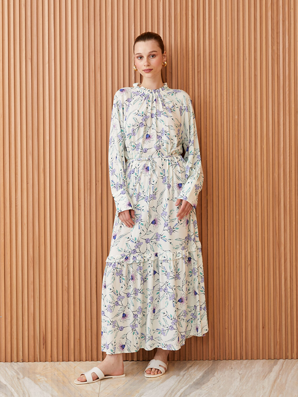 Ruffle Standing Collar Floral Long Sleeve Women's Dress -S3JI02Z8-LRA
