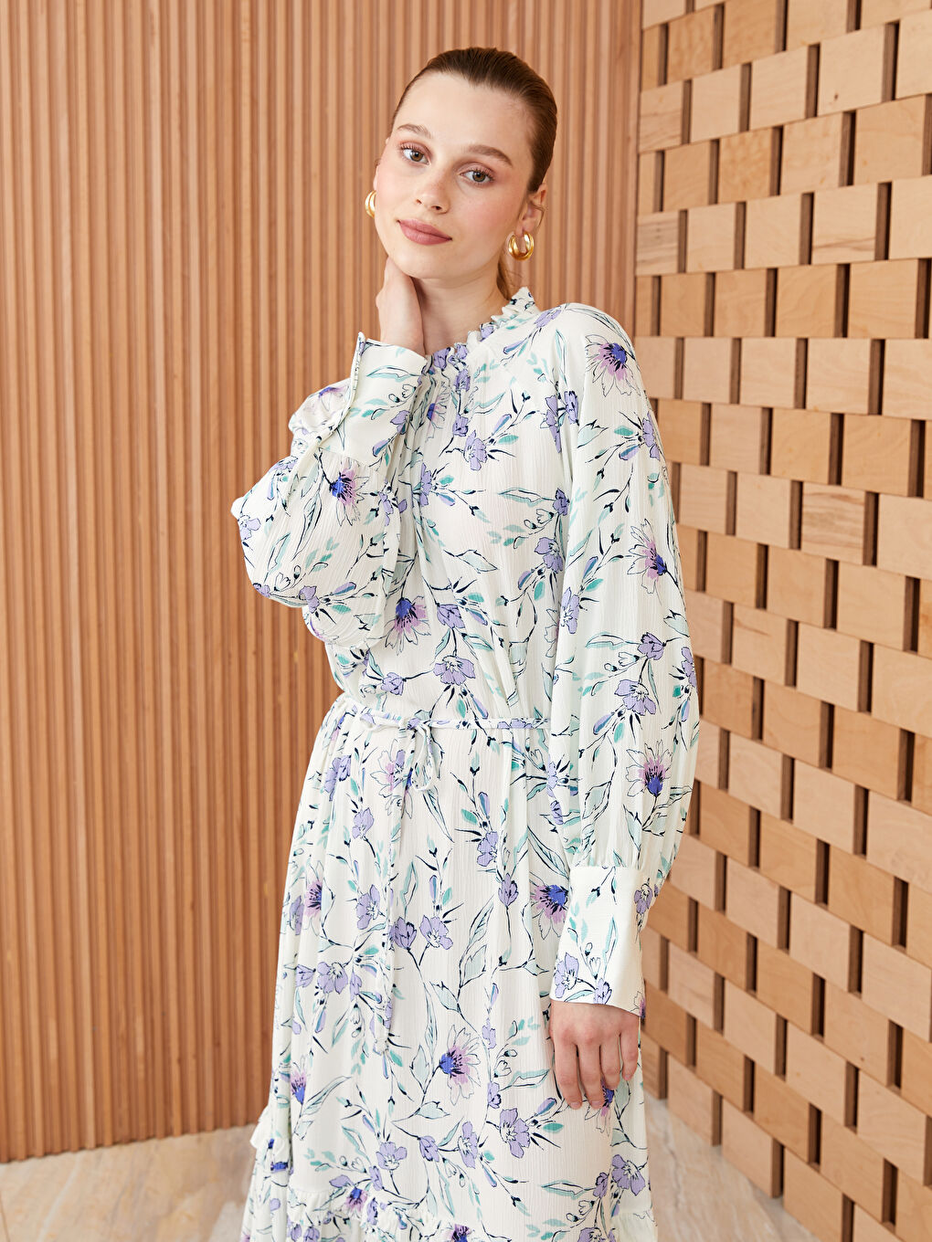 Ruffle Standing Collar Floral Long Sleeve Women's Dress -S3JI02Z8-LRA