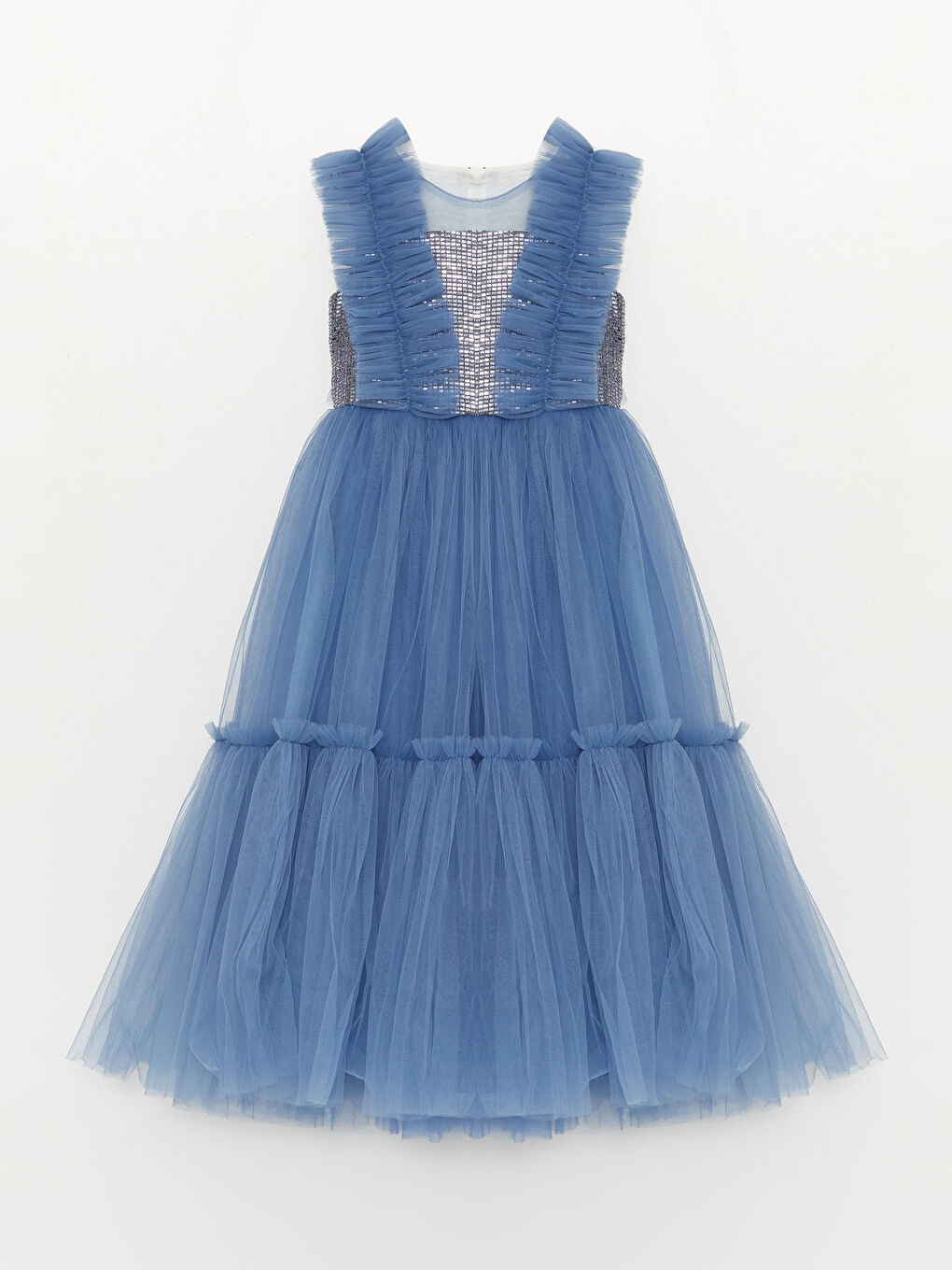 İndigo Bisiklet Yaka Tül Detaylı Kız Çocuk Elbise