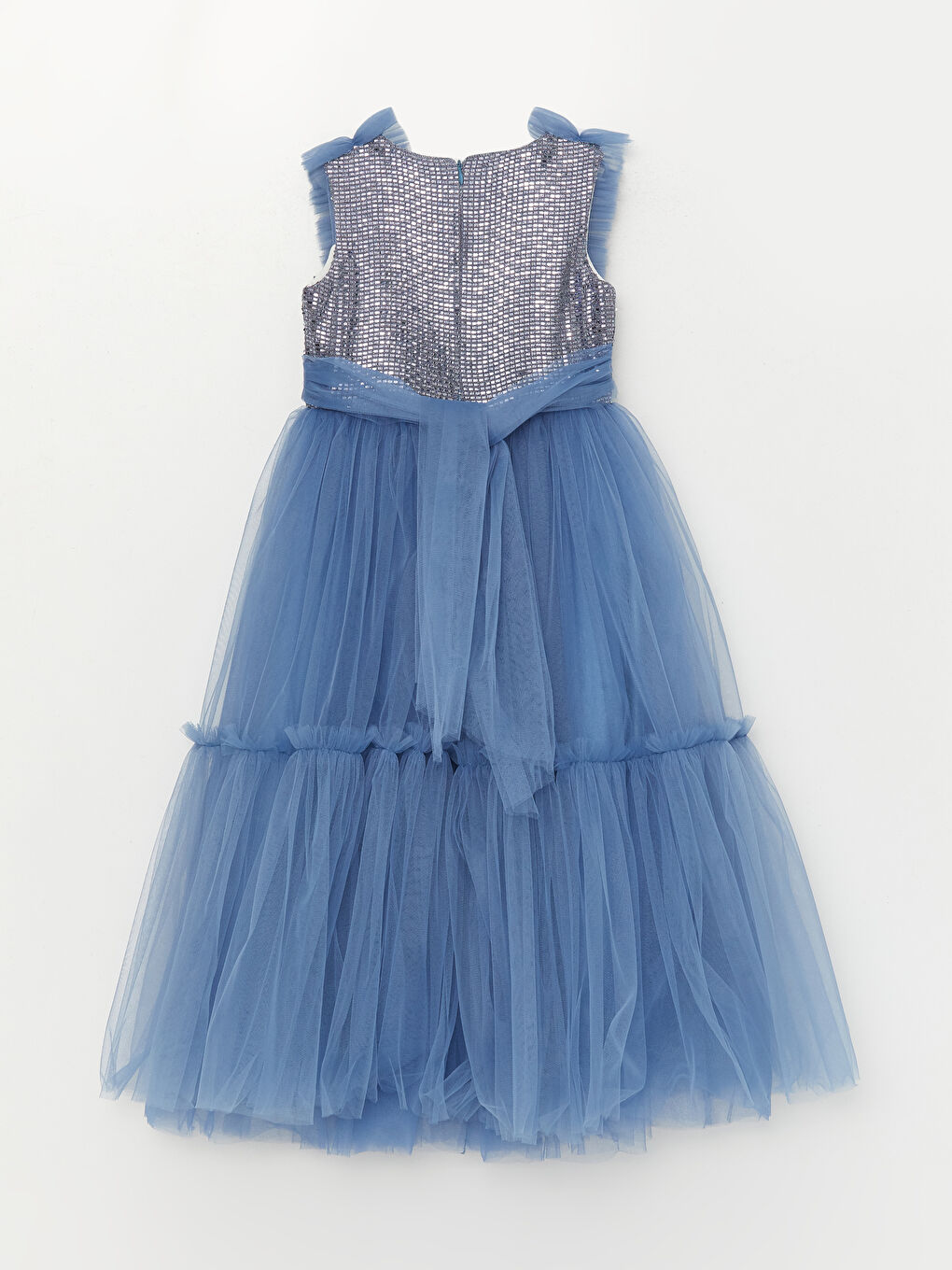 İndigo Bisiklet Yaka Tül Detaylı Kız Çocuk Elbise-1