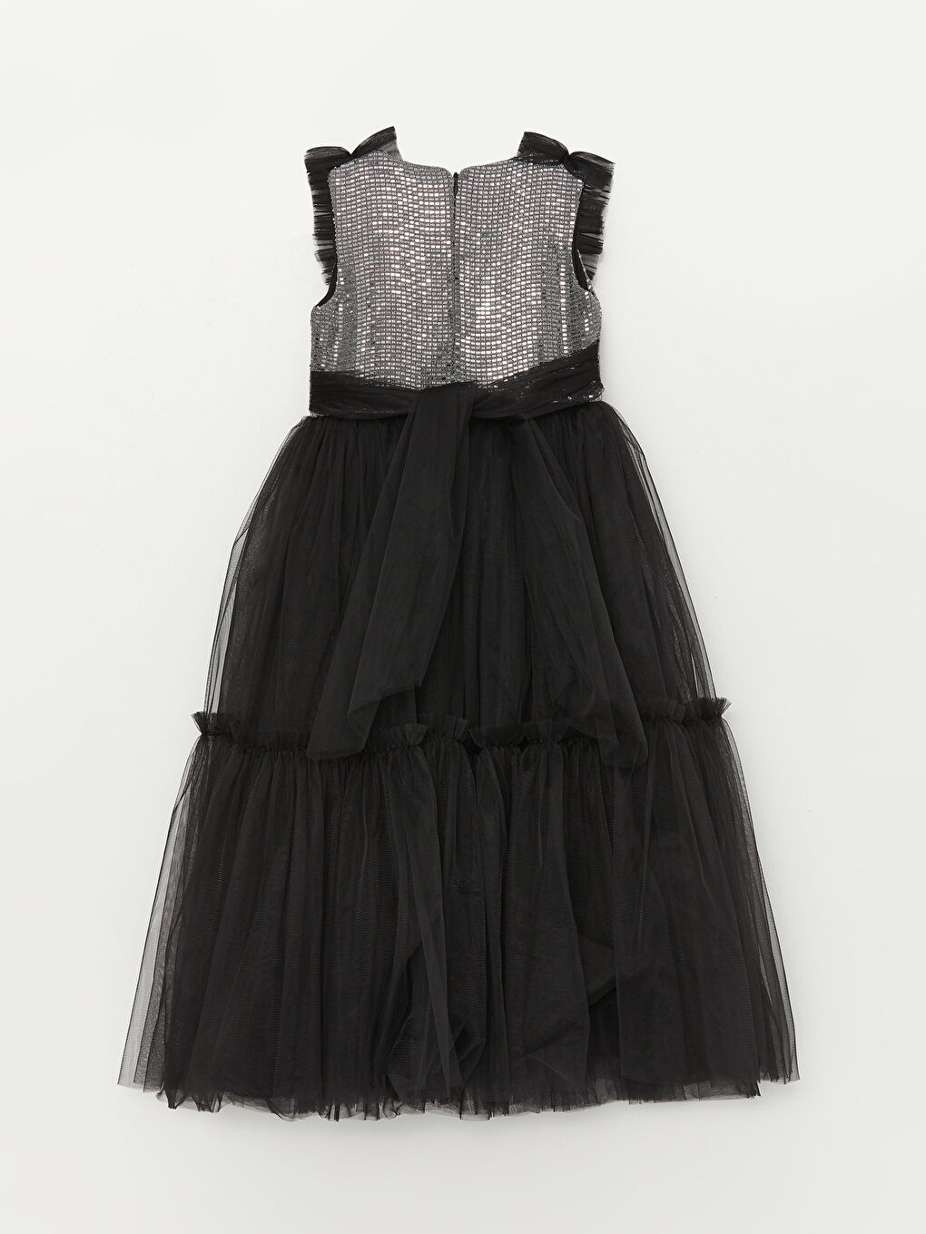 Siyah Bisiklet Yaka Tül Detaylı Kız Çocuk Elbise-1