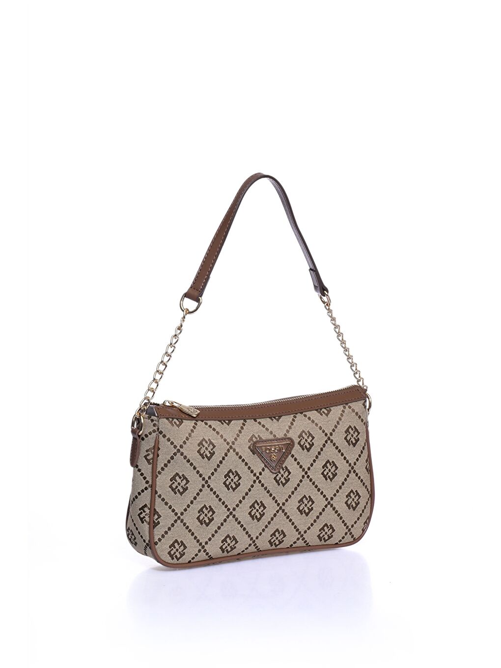 Kahverengi Desenli Zincir Detaylı Kadın Baget Çanta-1