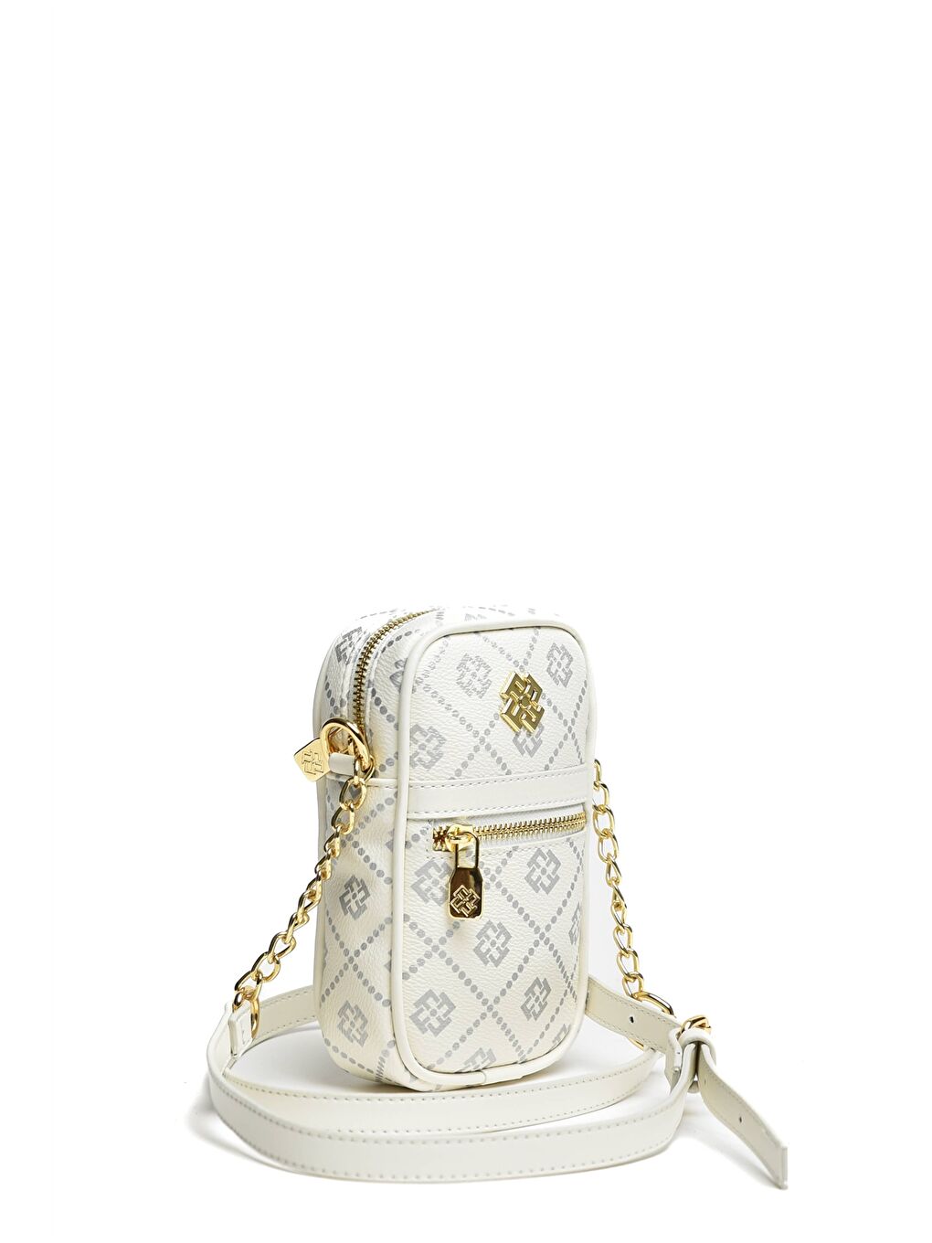 Beyaz Deri Görünümlü Zincir Detaylı Kadın Telefon Çantası-3