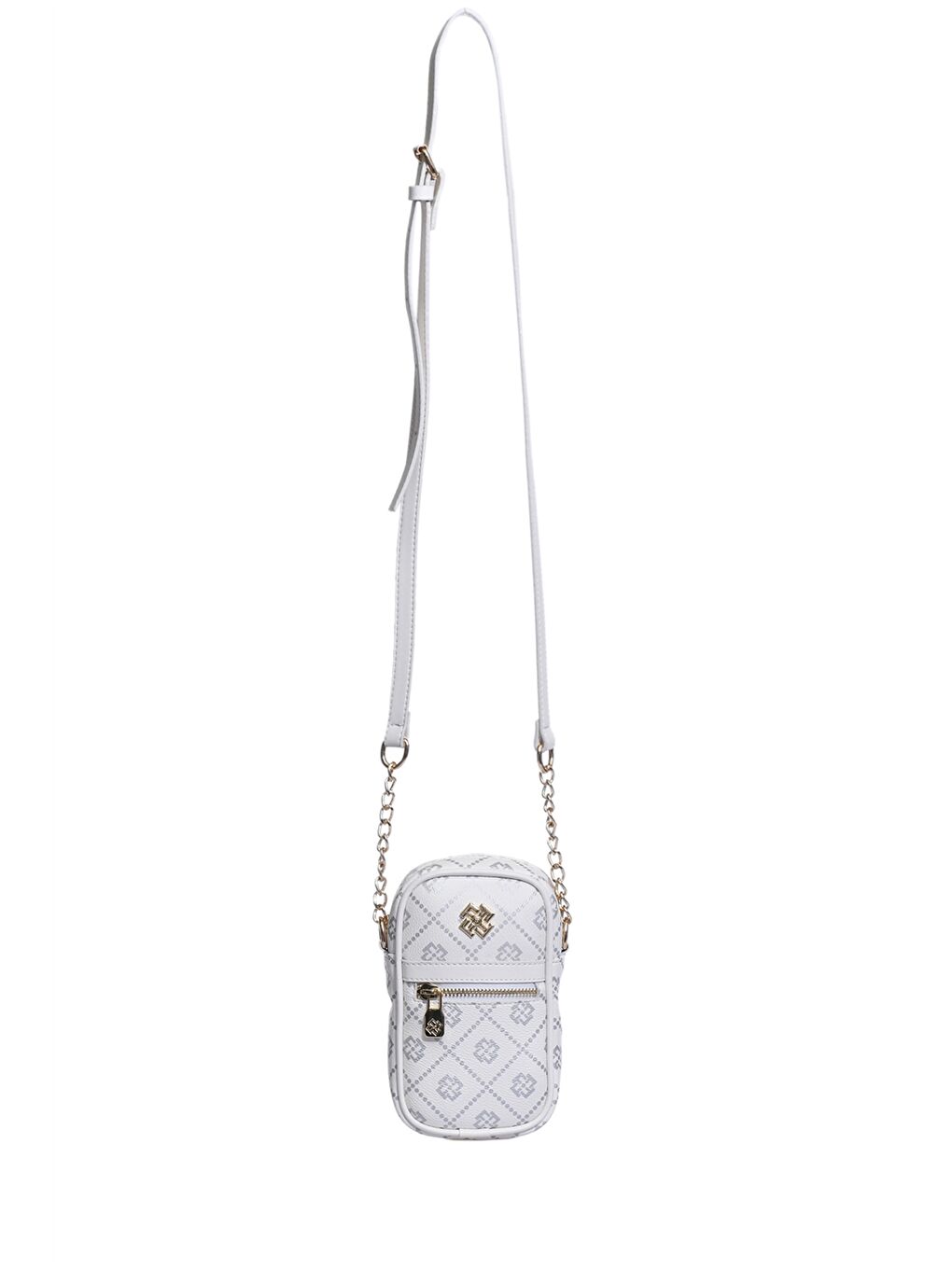 Beyaz Deri Görünümlü Zincir Detaylı Kadın Telefon Çantası