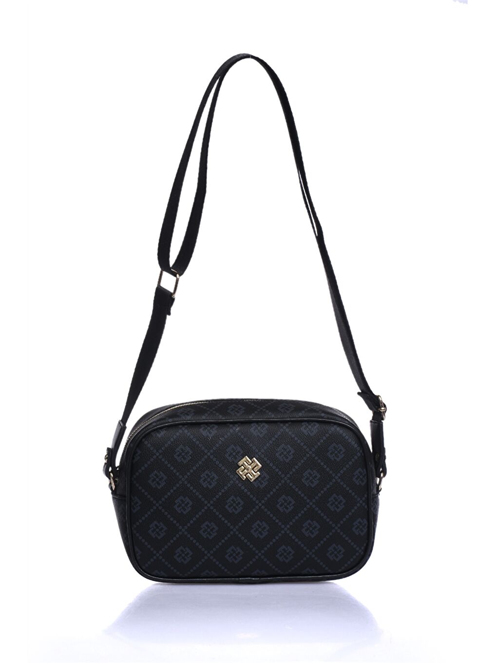 Siyah Deri Görünümlü Desenli Kadın Omuz Çantası