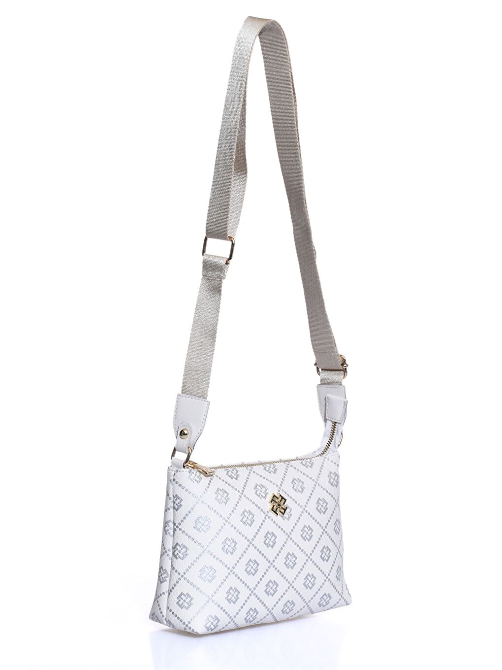 Beyaz Deri Görünümlü Desenli Kadın Çapraz Çanta-1