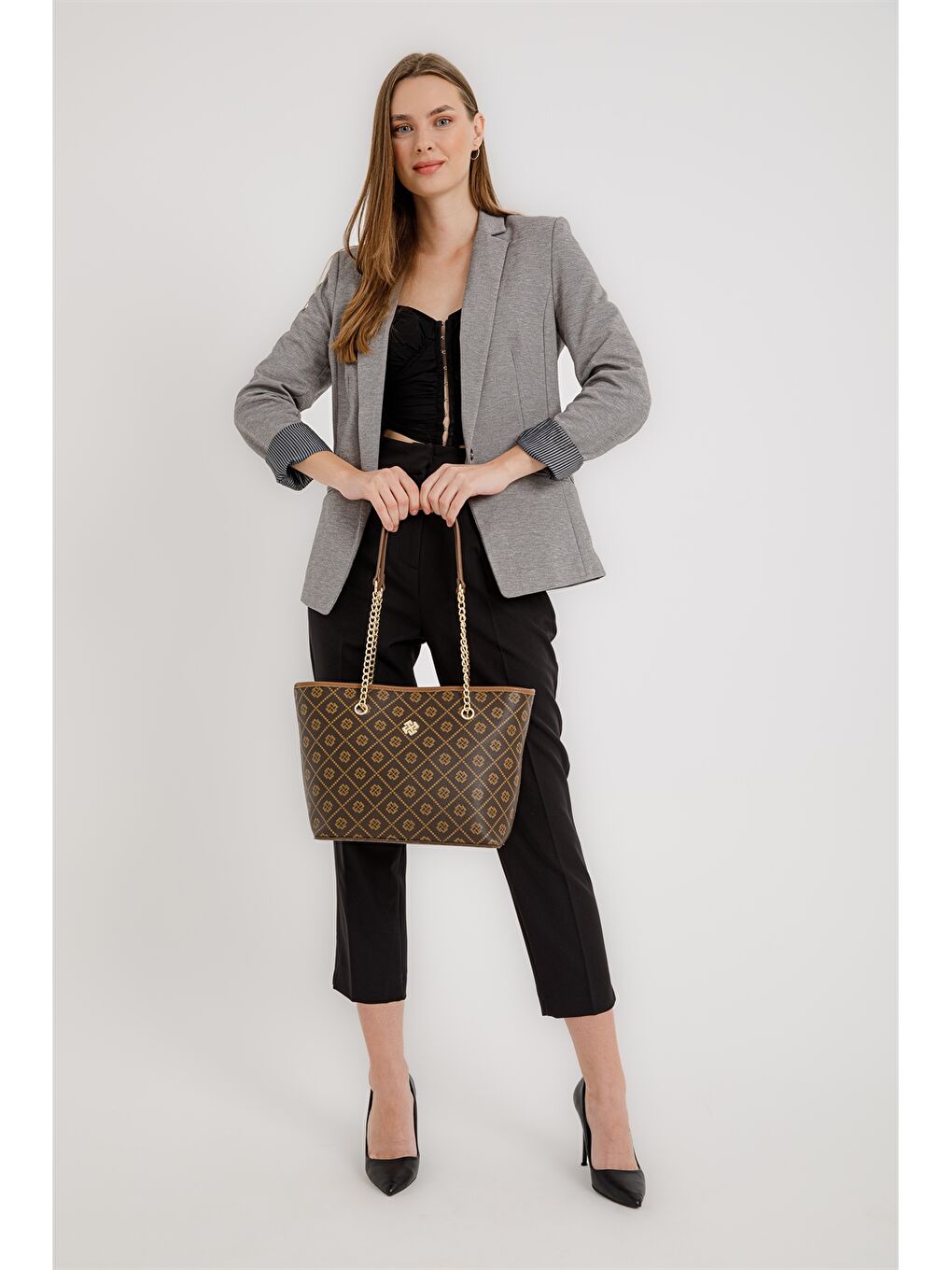 Kahverengi Deri Görünümlü Desenli Kadın Omuz Çantası