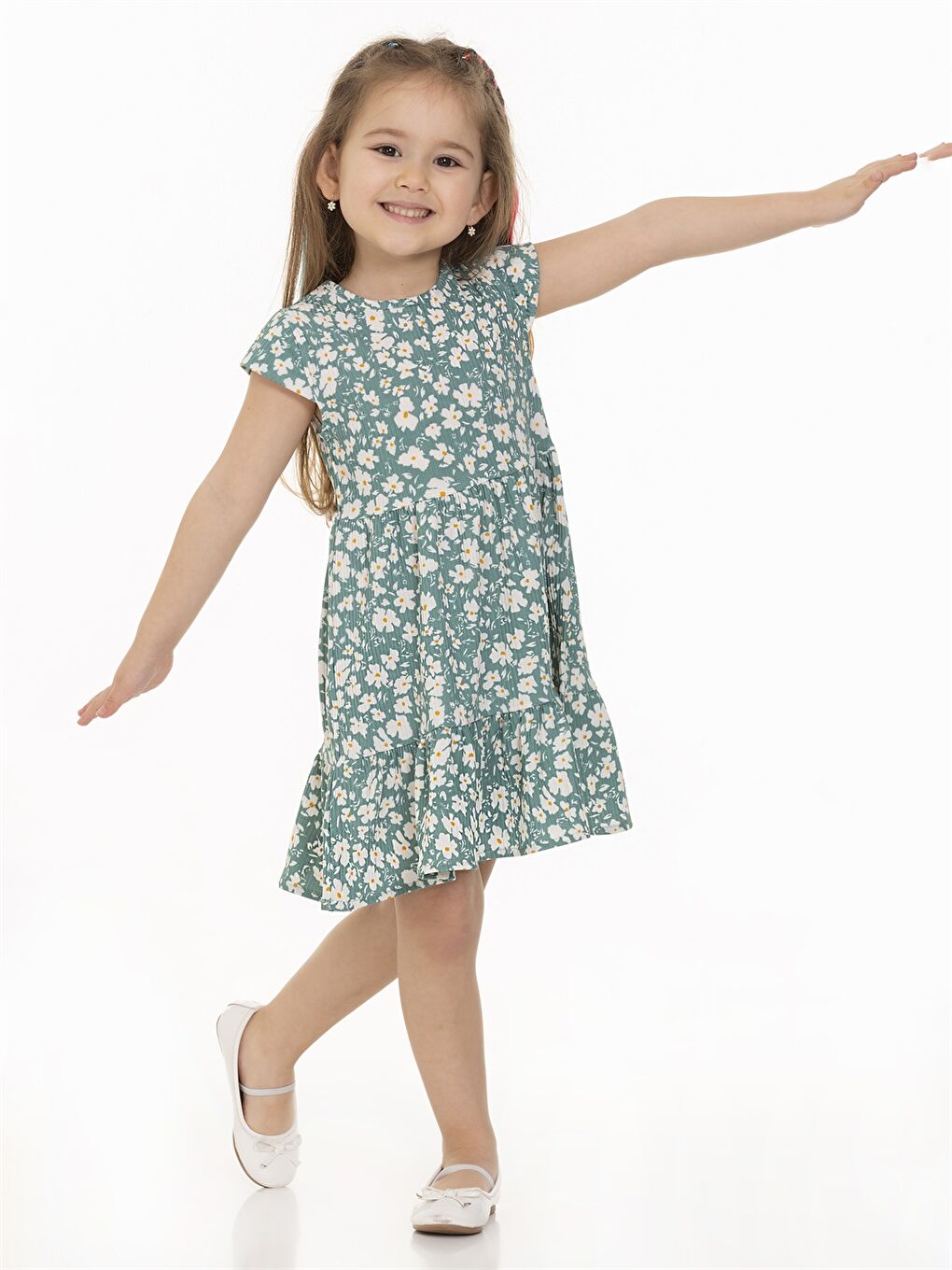 Yeşil Bisiklet Yaka Desenli Kız Bebek Elbise