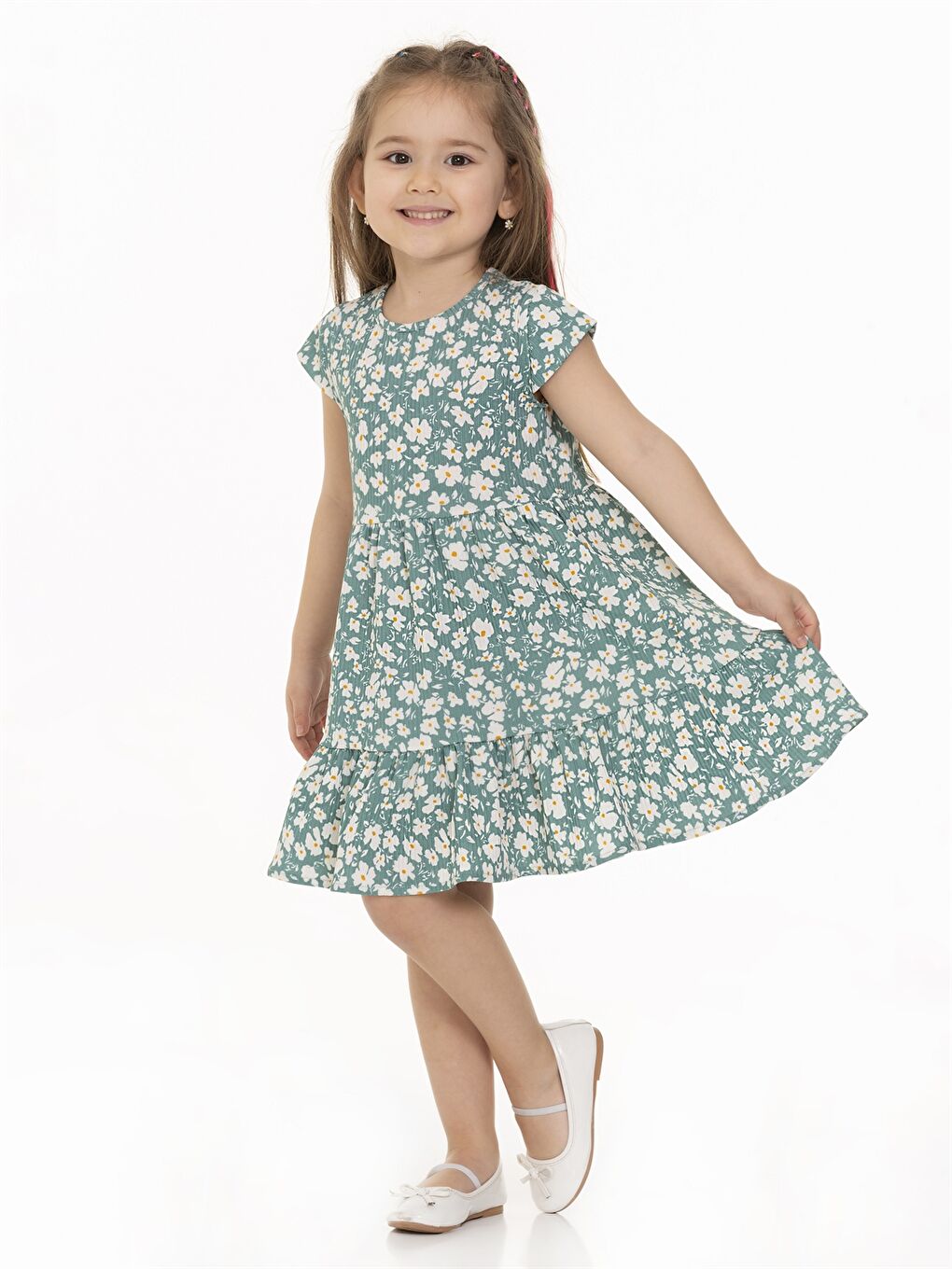 Yeşil Bisiklet Yaka Desenli Kız Bebek Elbise-1