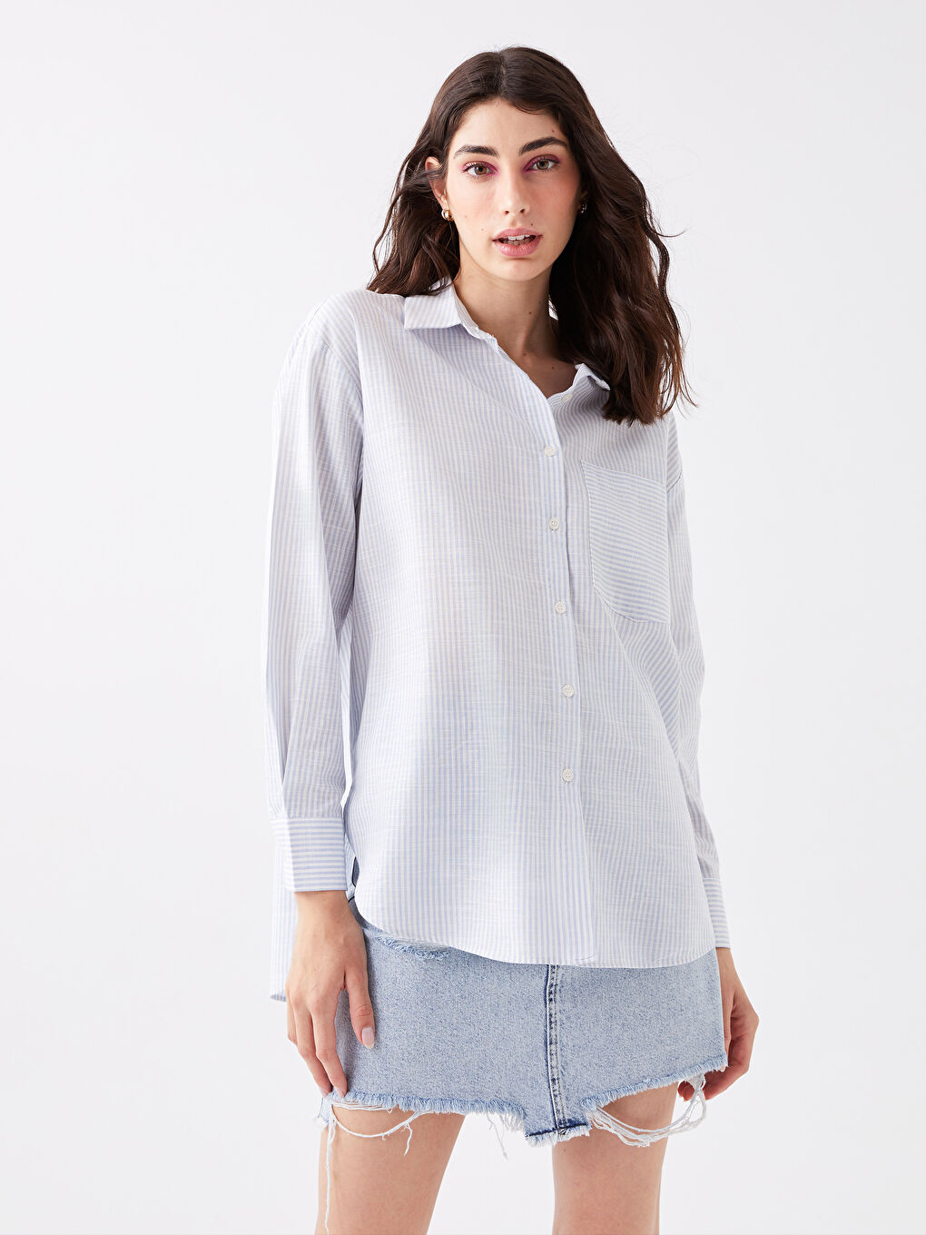 Mavi Çizgili Oversize Poplin Kadın Gömlek