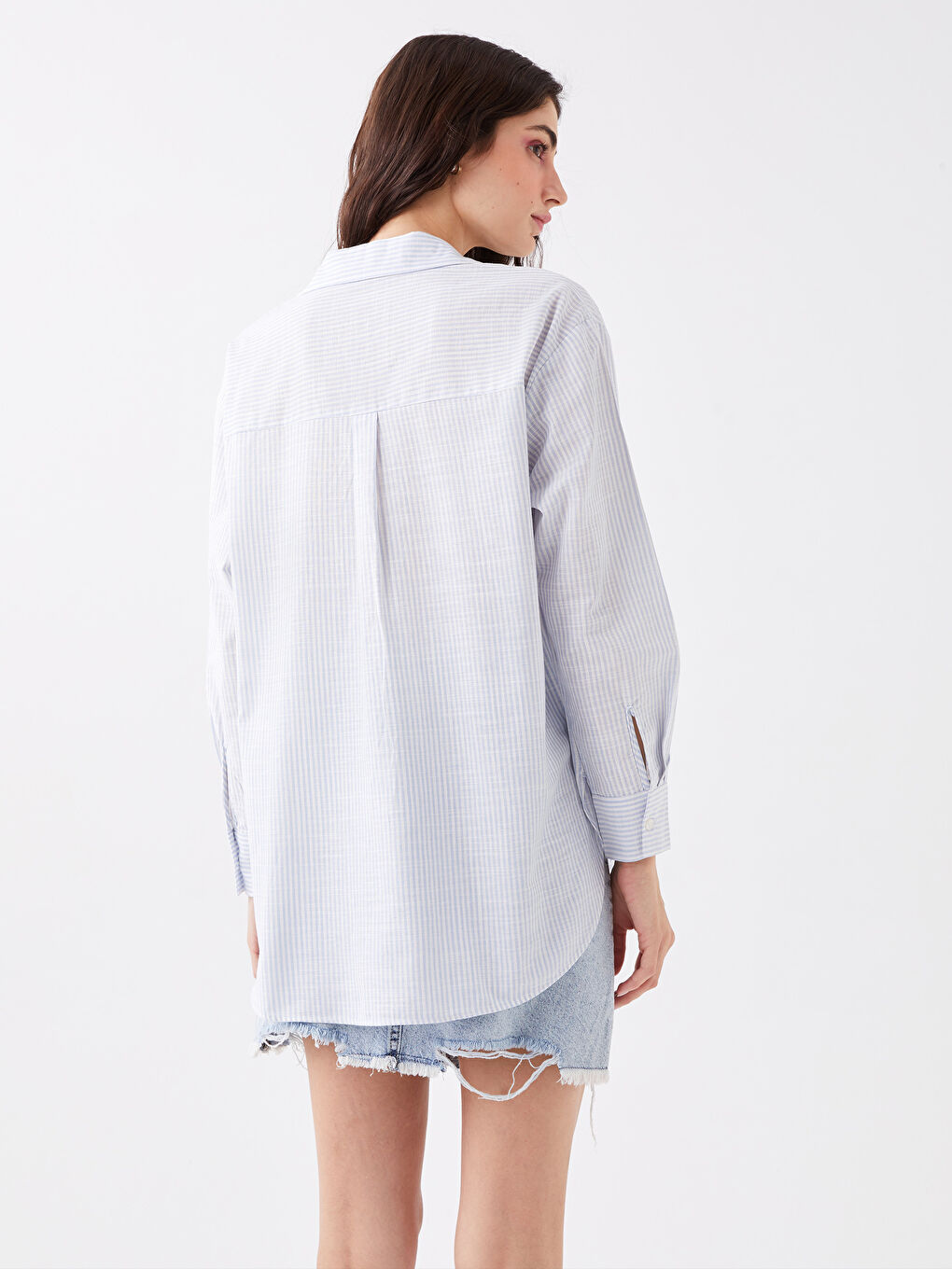 Mavi Çizgili Oversize Poplin Kadın Gömlek-3