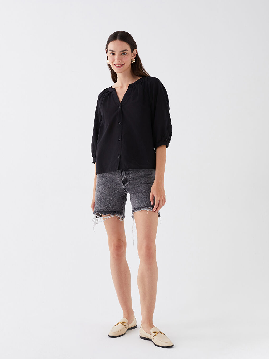 Women's Notch Neck Plain Blouse-2