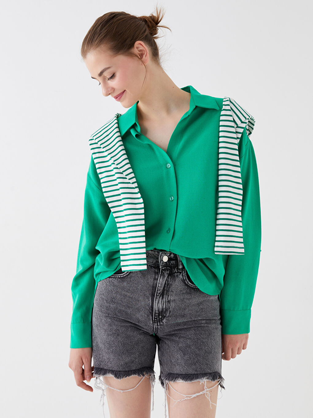 Yeşil Düz Uzun Kollu Oversize Keten Karışımlı Kadın Gömlek