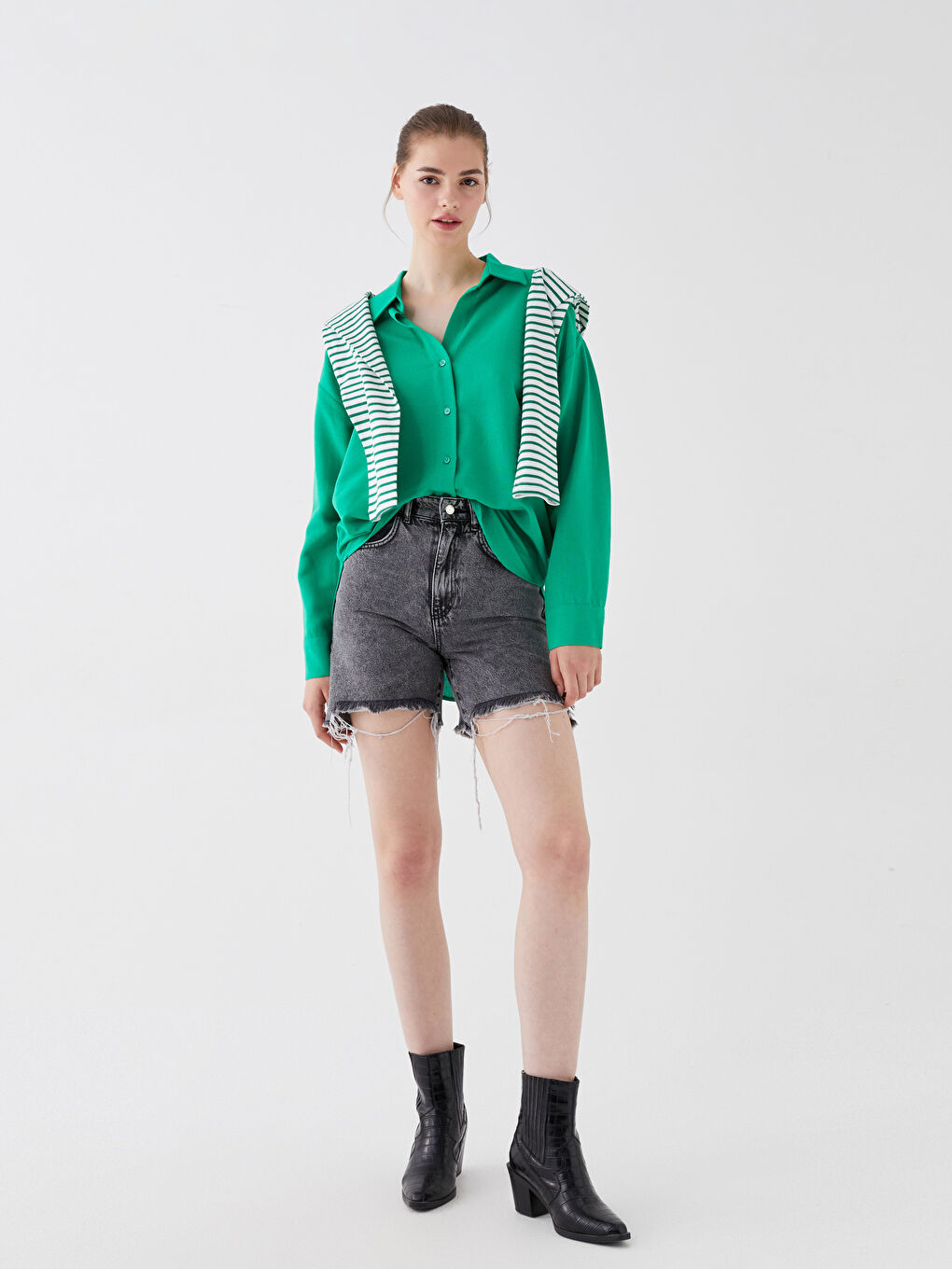 Yeşil Düz Uzun Kollu Oversize Keten Karışımlı Kadın Gömlek-1