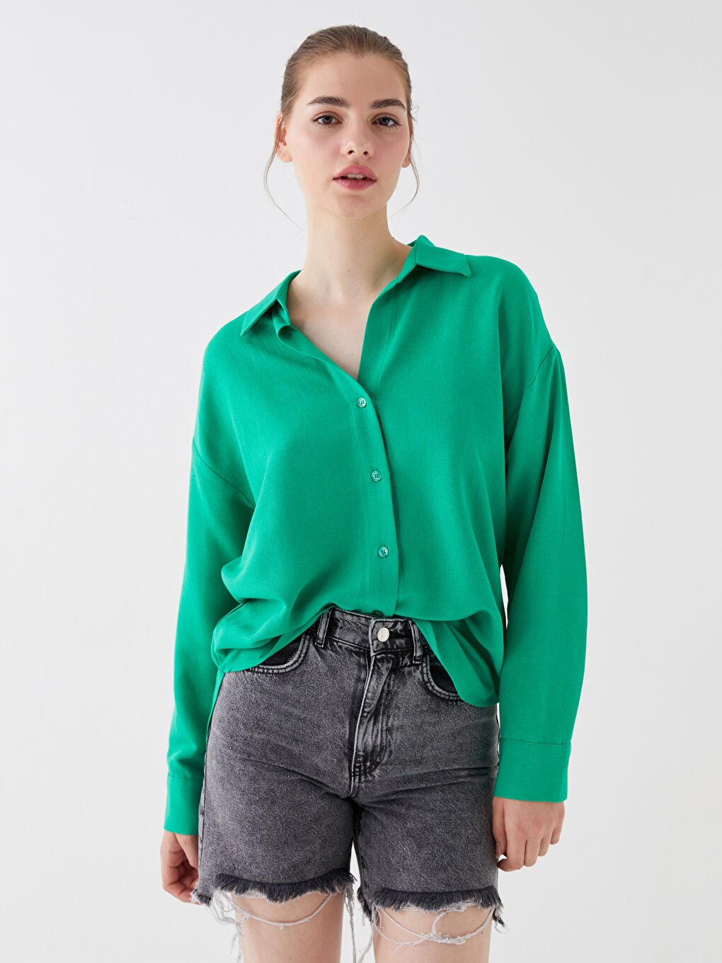 Yeşil Düz Uzun Kollu Oversize Keten Karışımlı Kadın Gömlek-2