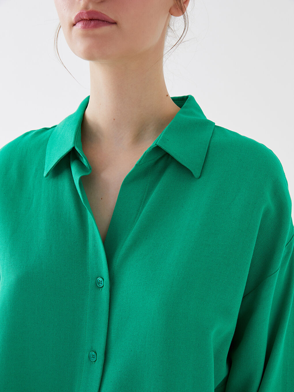 Yeşil Düz Uzun Kollu Oversize Keten Karışımlı Kadın Gömlek-3