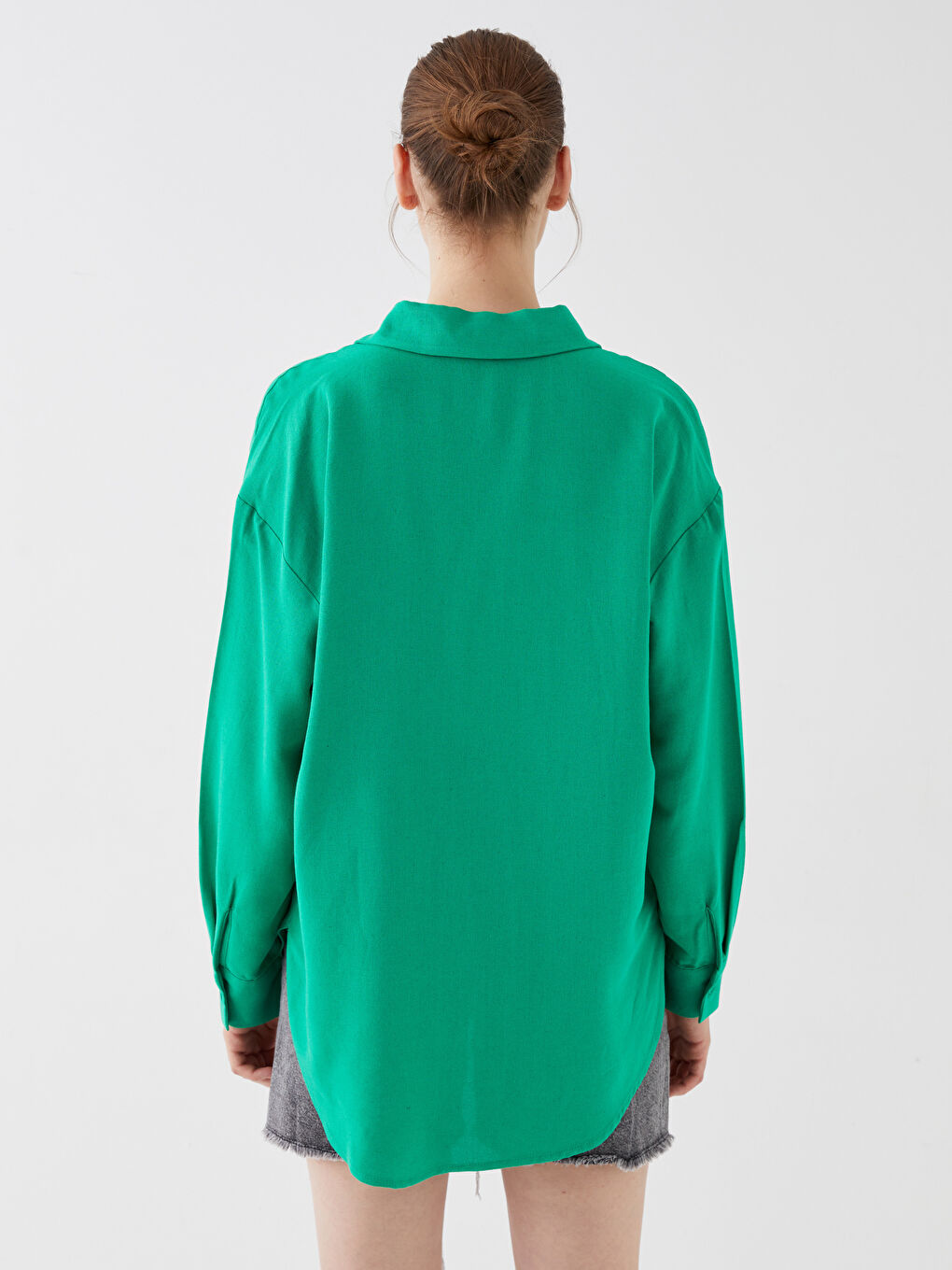 Yeşil Düz Uzun Kollu Oversize Keten Karışımlı Kadın Gömlek-4