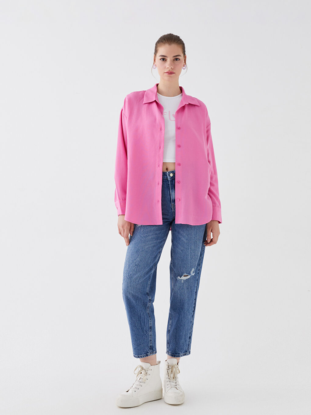 Pembe Düz Uzun Kollu Oversize Keten Karışımlı Kadın Gömlek-1