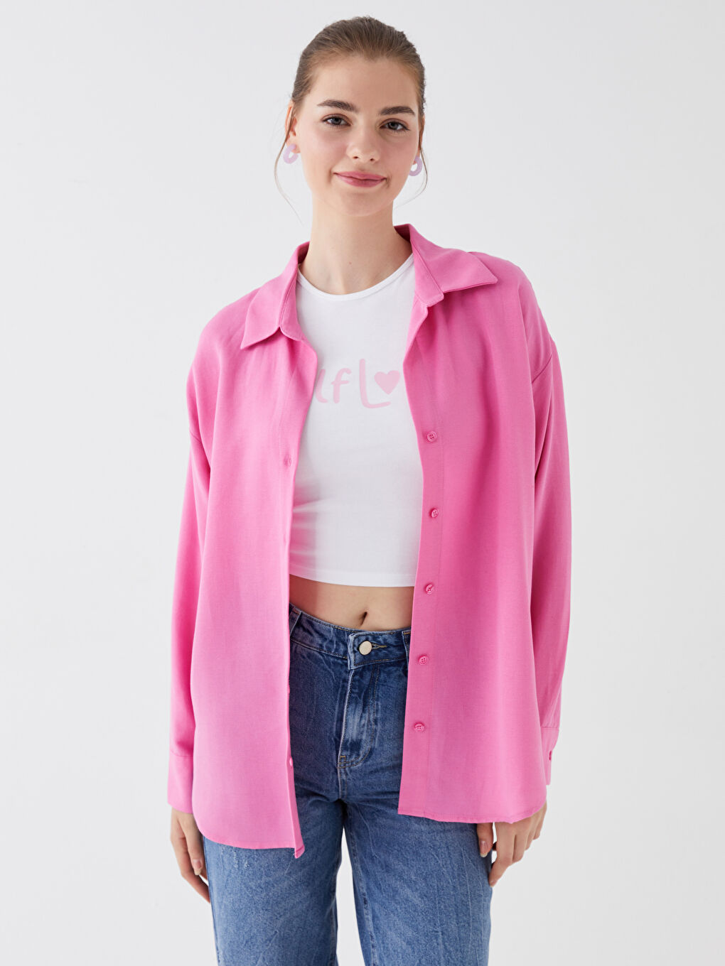 Pembe Düz Uzun Kollu Oversize Keten Karışımlı Kadın Gömlek-2