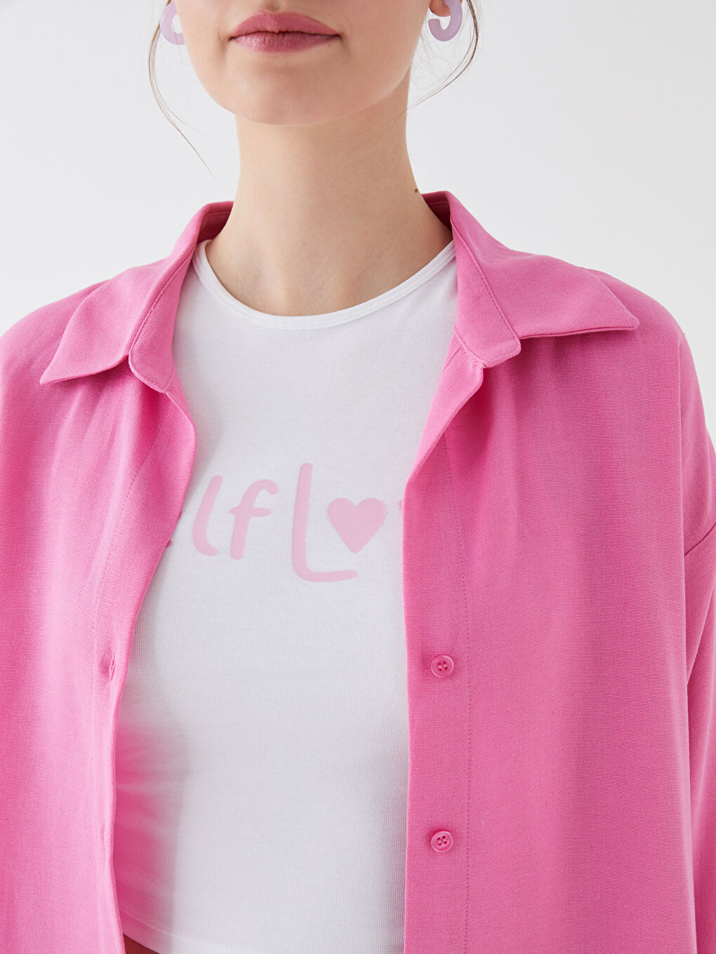 Pembe Düz Uzun Kollu Oversize Keten Karışımlı Kadın Gömlek-3