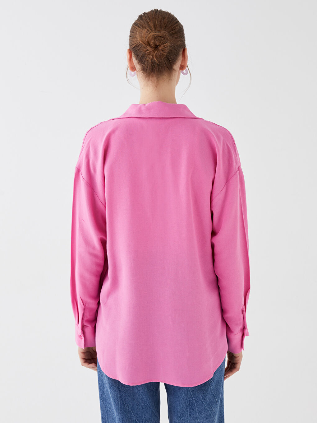 Pembe Düz Uzun Kollu Oversize Keten Karışımlı Kadın Gömlek-4