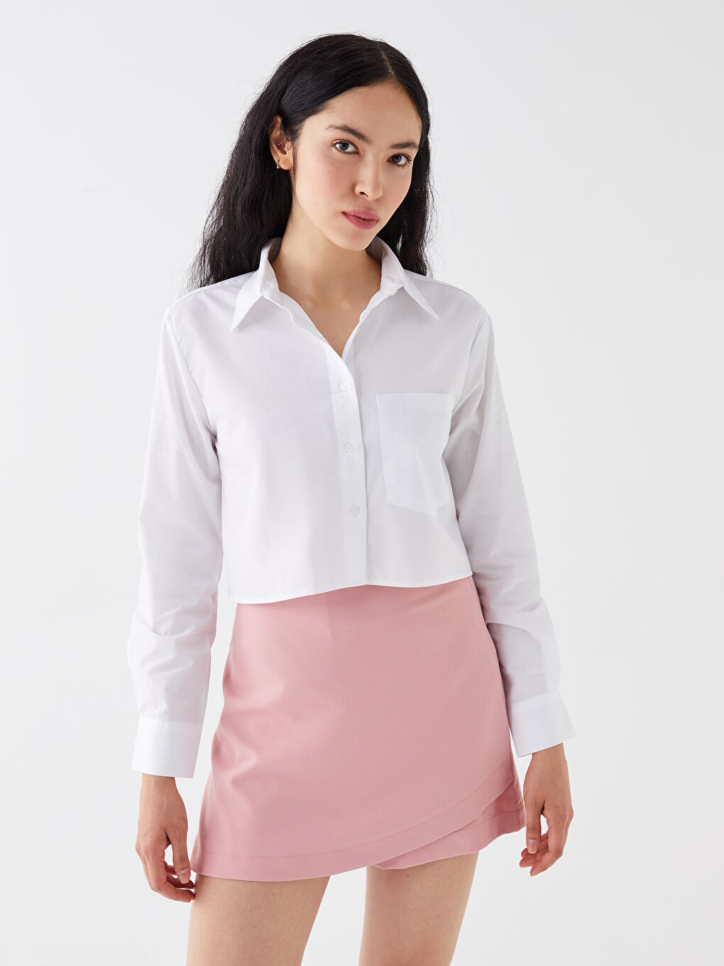 Beyaz Crop Poplin Kadın Gömlek-1