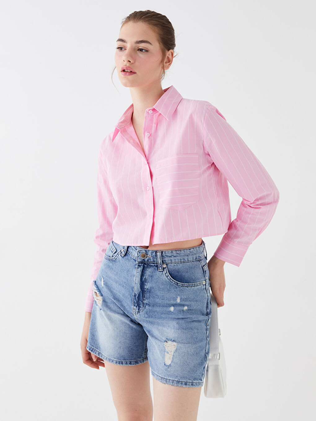 Plain Striped Long-Sleeve Crop Women's Shirt