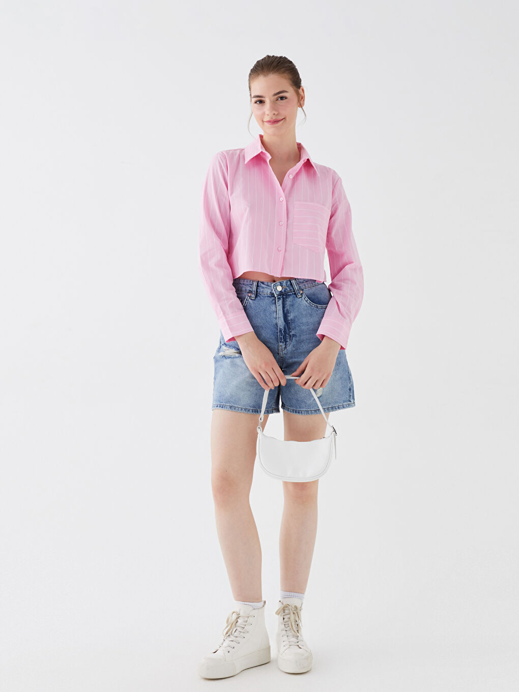 Plain Striped Long-Sleeve Crop Women's Shirt-1