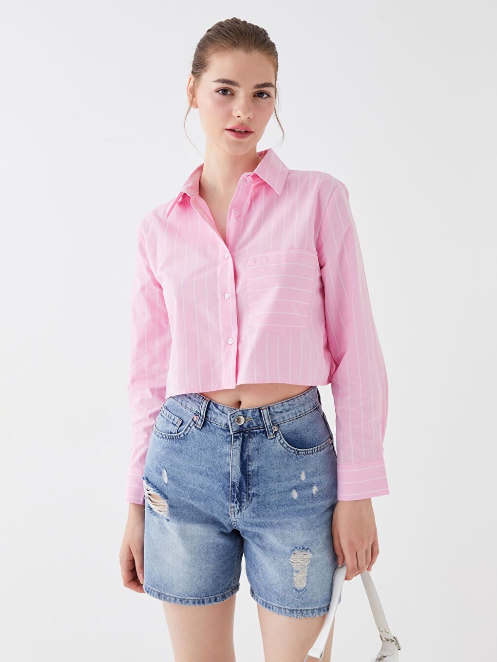 Plain Striped Long-Sleeve Crop Women's Shirt-2