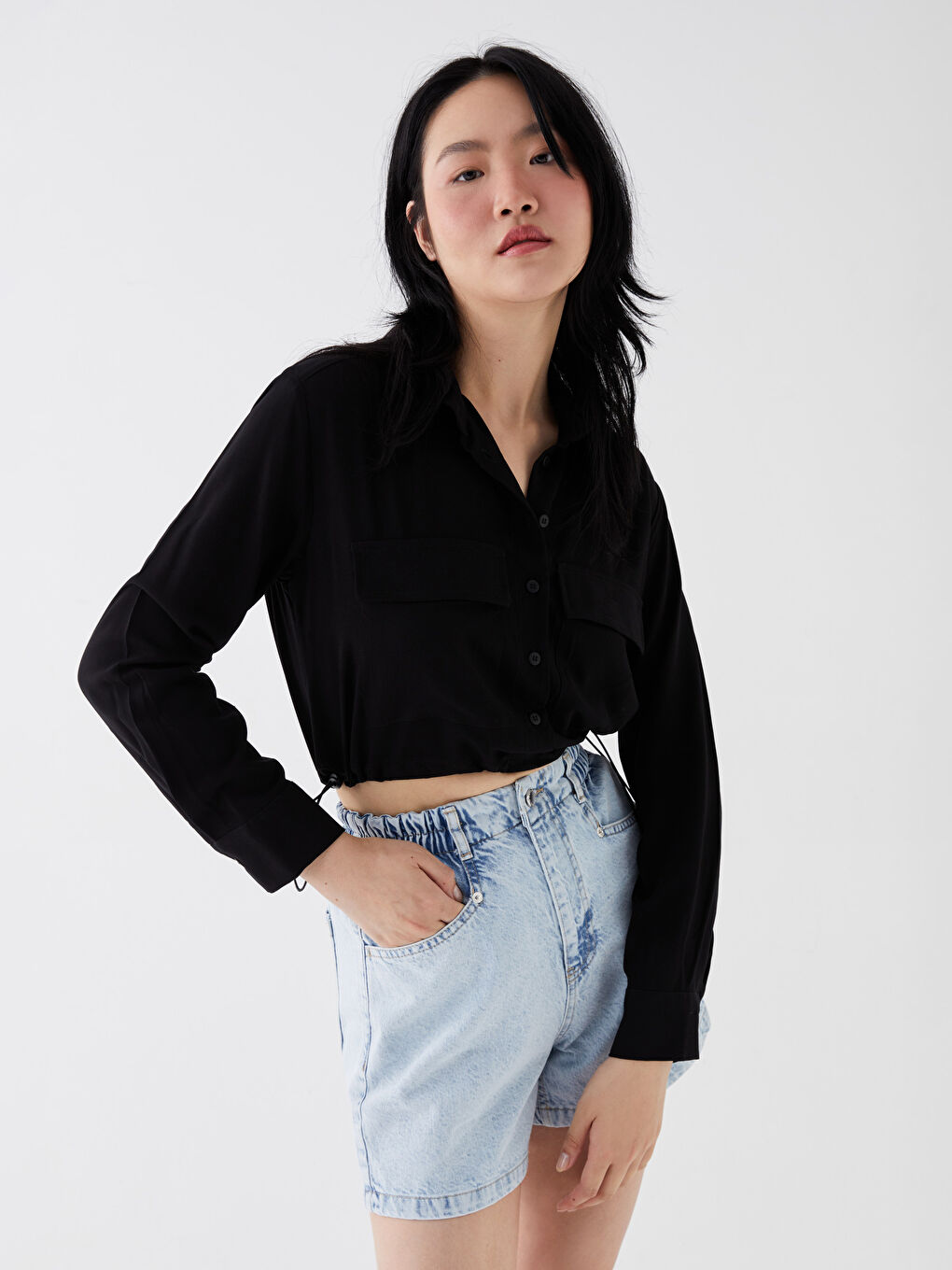 Siyah Crop Poplin Kadın Gömlek-1