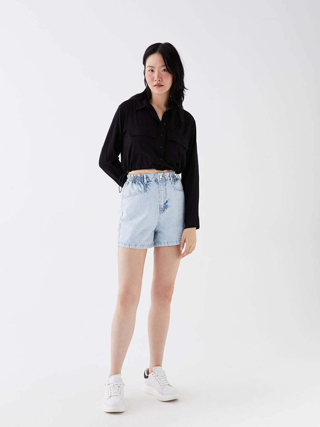 Siyah Crop Poplin Kadın Gömlek-2