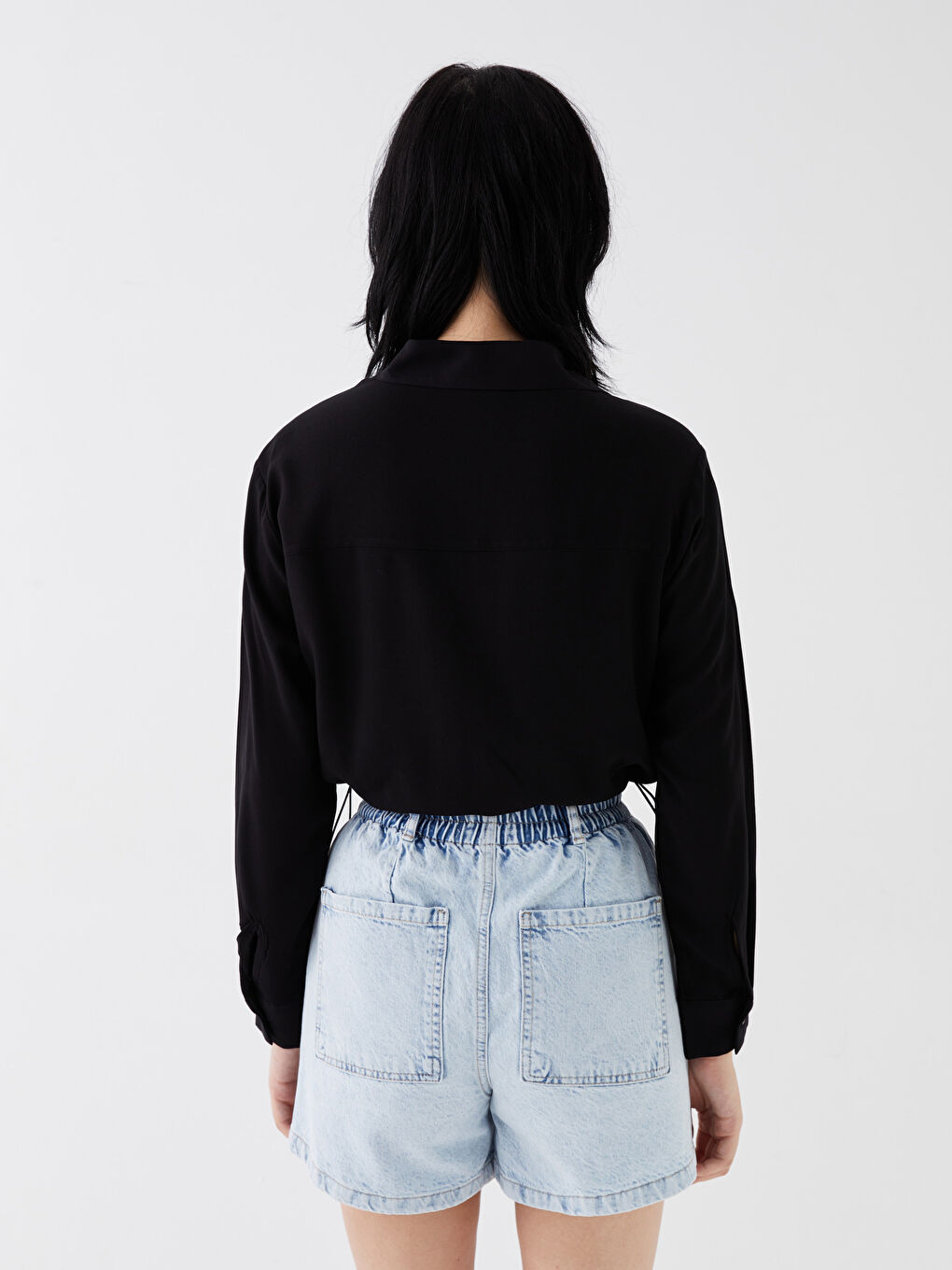 Siyah Crop Poplin Kadın Gömlek-4