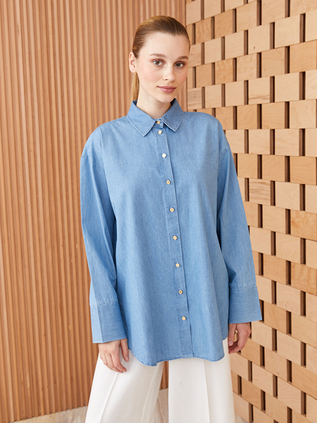 Collared Neck Plain Long Sleeve Women's Denim Tunic