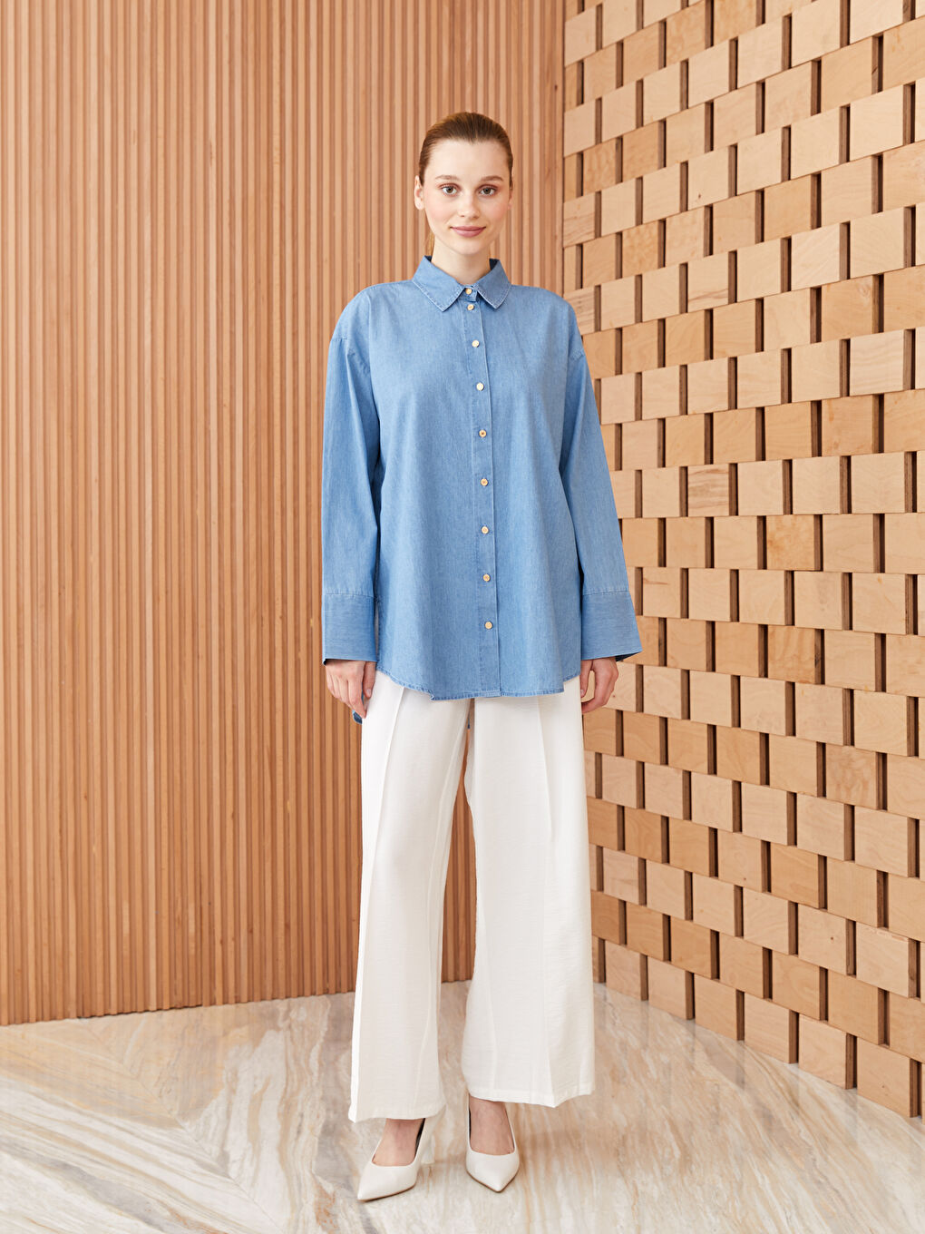 Collared Neck Plain Long Sleeve Women's Denim Tunic-2