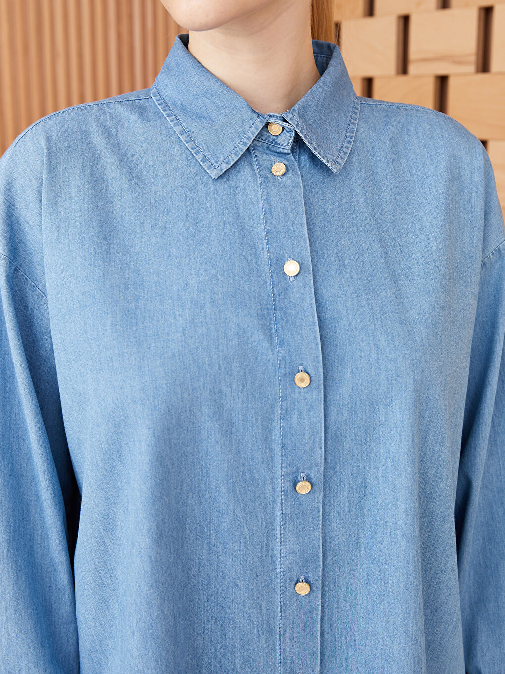 Collared Neck Plain Long Sleeve Women's Denim Tunic-3