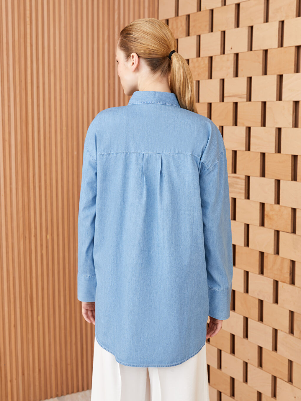 Collared Neck Plain Long Sleeve Women's Denim Tunic-4