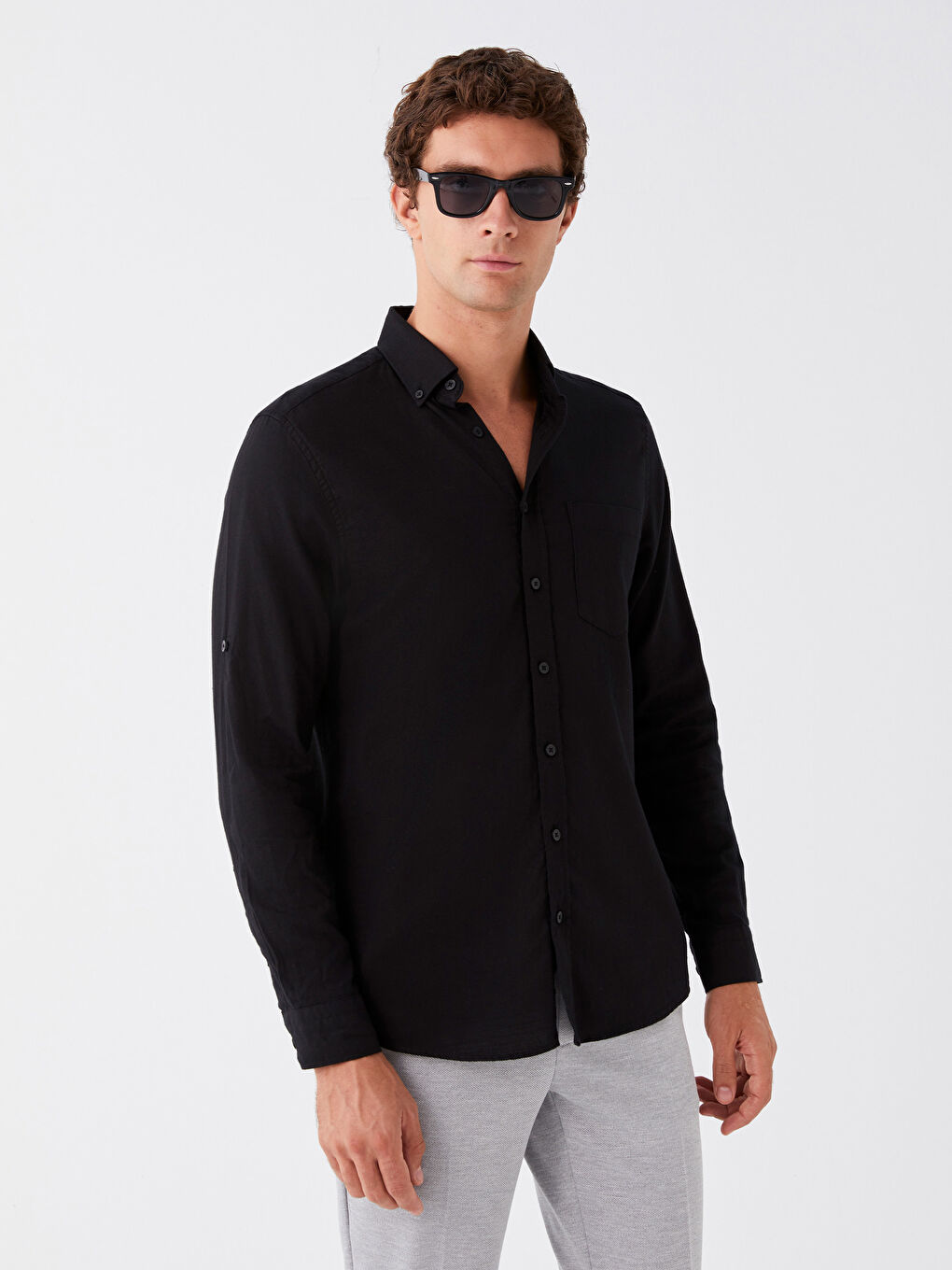 Siyah Regular Fit Uzun Kollu Erkek Gömlek-1