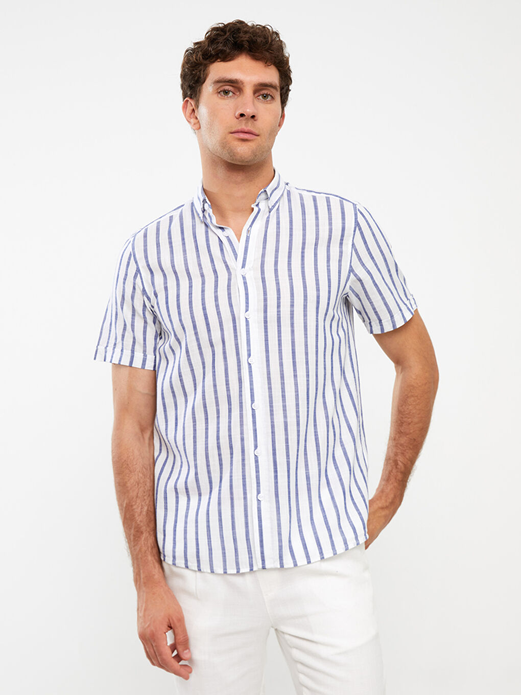 Beyaz Regular Fit Kısa Kollu Çizgili Erkek Gömlek