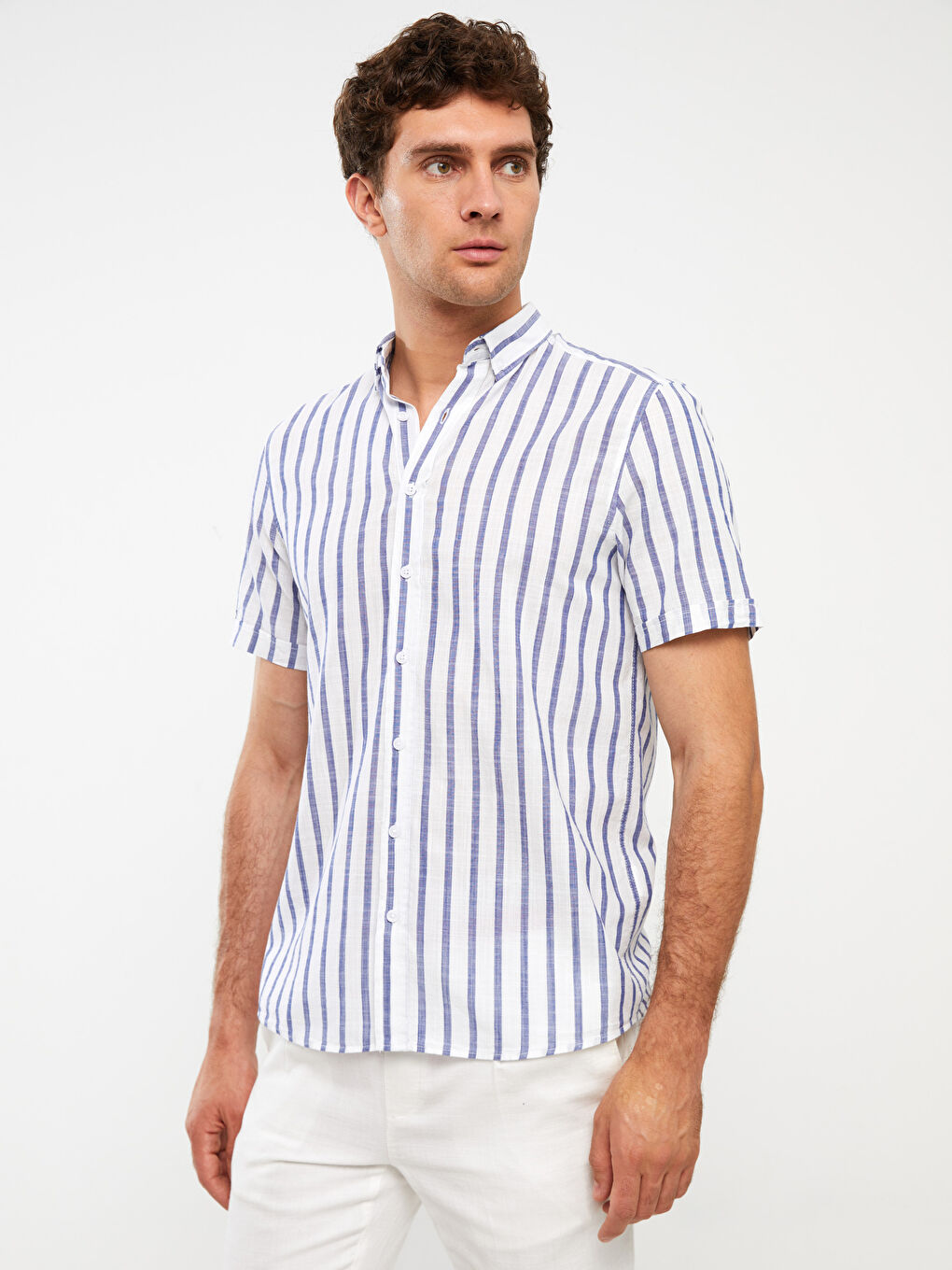 Beyaz Regular Fit Kısa Kollu Çizgili Erkek Gömlek-1