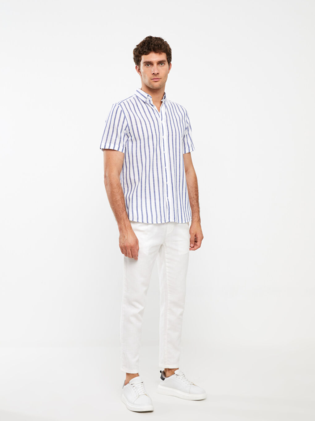 Beyaz Regular Fit Kısa Kollu Çizgili Erkek Gömlek-2