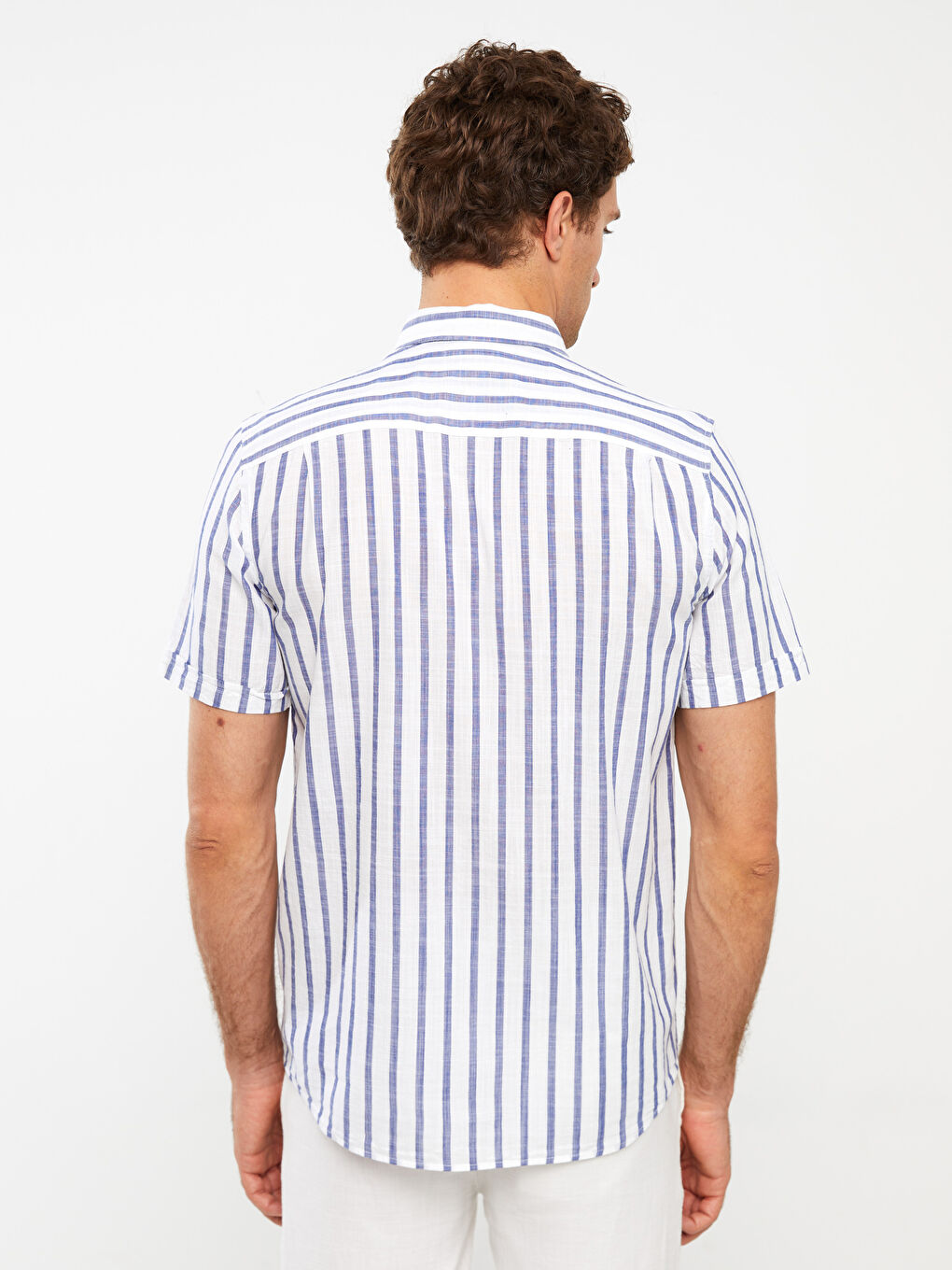 Beyaz Regular Fit Kısa Kollu Çizgili Erkek Gömlek-4