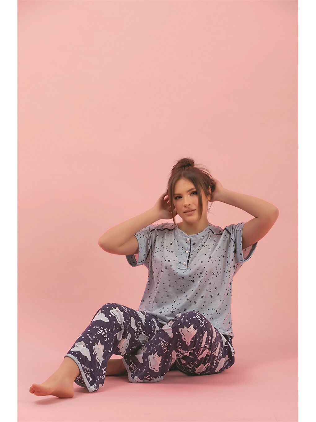 Mavi Bisiklet Yaka Baskılı Kadın Pijama Takımı