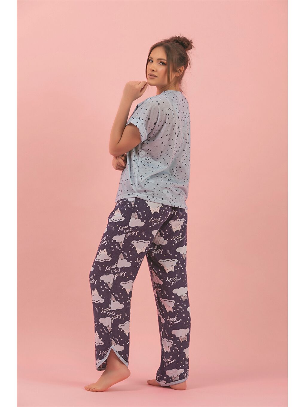 Mavi Bisiklet Yaka Baskılı Kadın Pijama Takımı-1