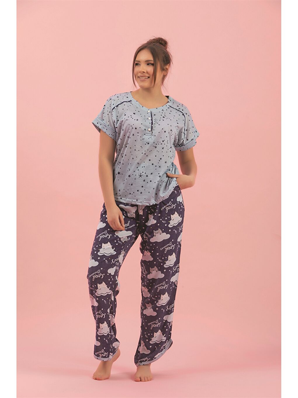 Mavi Bisiklet Yaka Baskılı Kadın Pijama Takımı-2