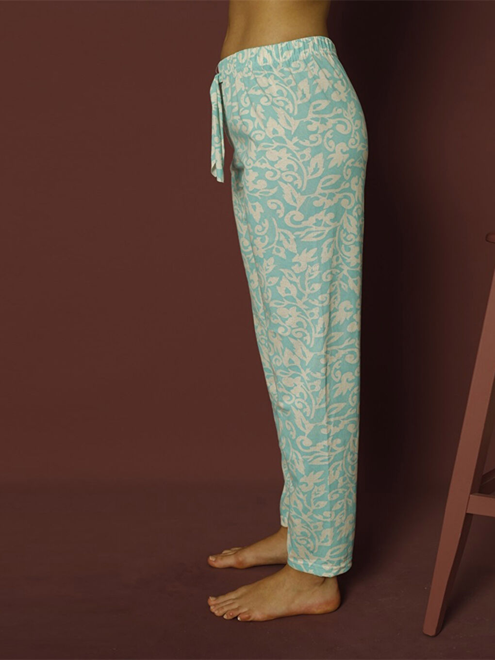 Mavi Beli Lastikli Baskılı Kadın Pijama Alt-3